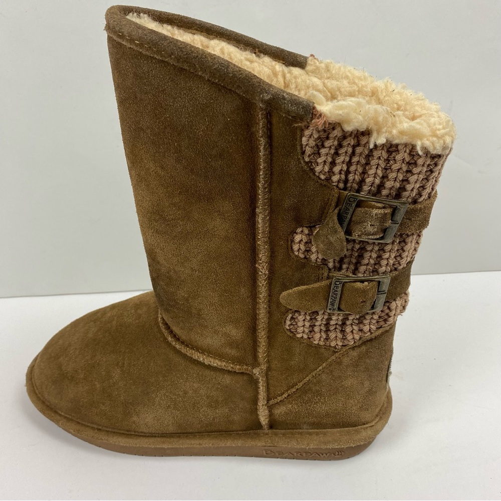 Bearpaw Boshie Youth Hickory Tan Boots Buckle Size 5 Suede Sheepskin
